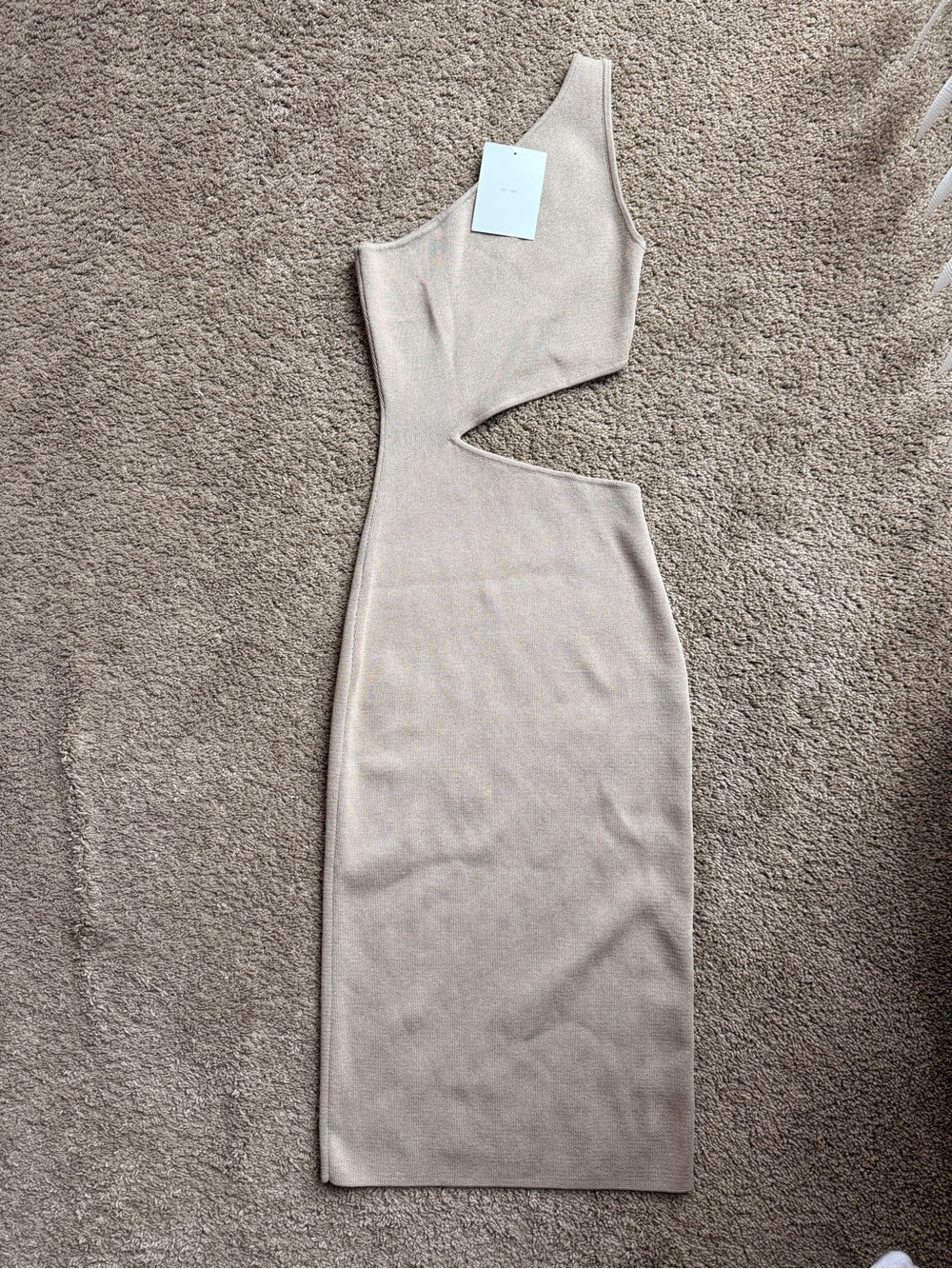 Oak and Fort One-Shoulder Cutout Bodycon Midi Dress in Beige